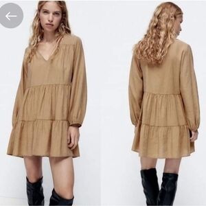 Zara Camel Festival Long Sleeve Dress